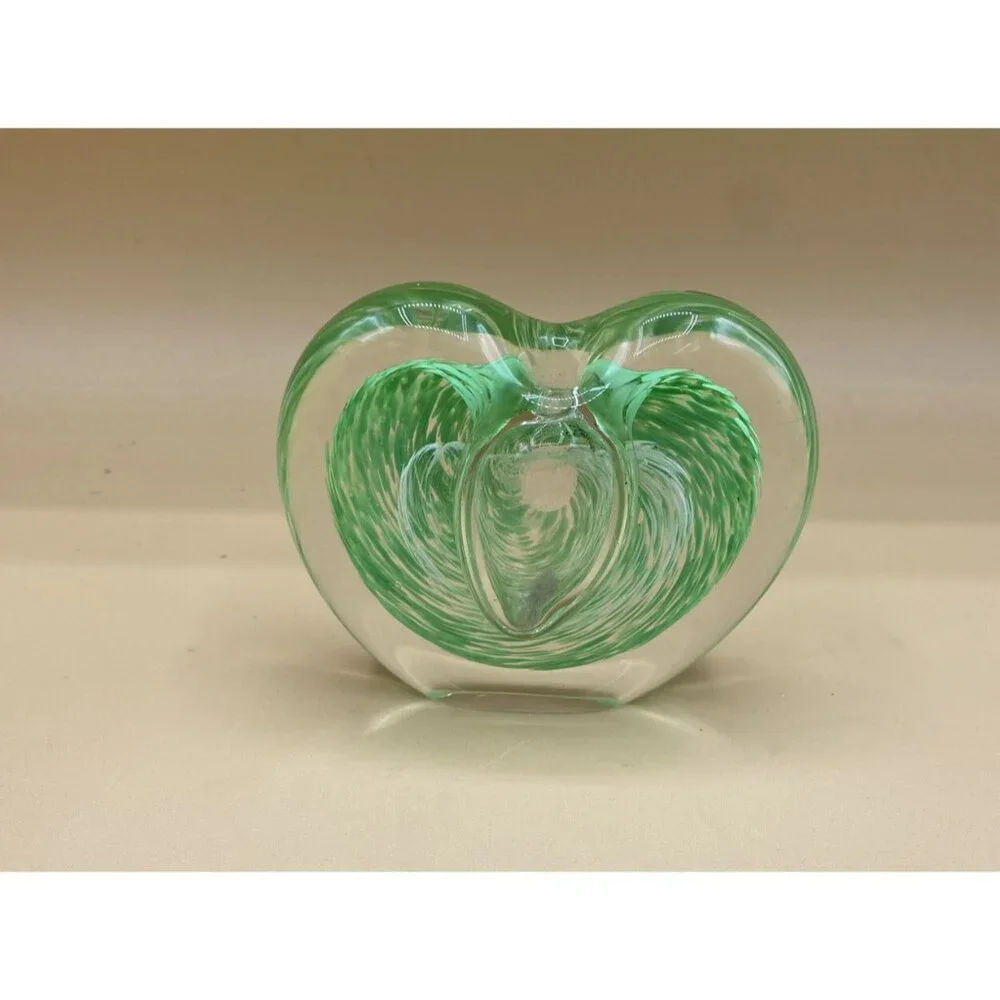 Art Glass Heart Bud Vase 3” Paperweight Sommerso Green Swirl Clear